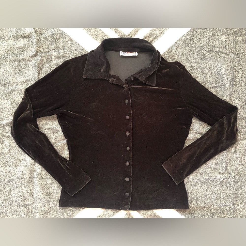 Chebella Black Velvet Long Sleeve Button Up Collared Shirt 90s Size S See Measur